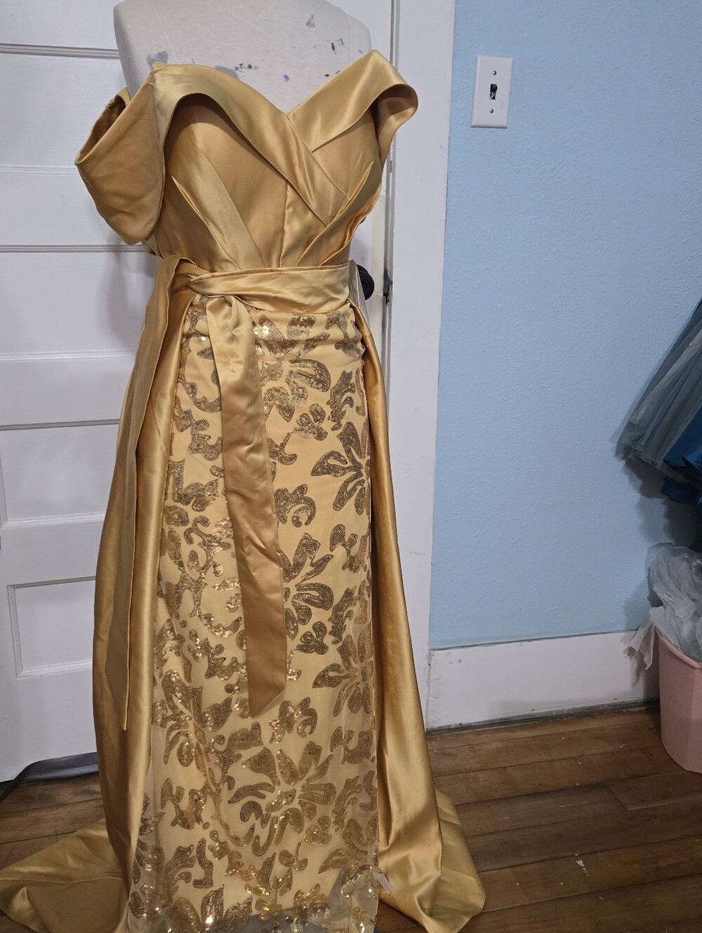 Gold Strapless Satin Evening Dress with Embellished Skirt